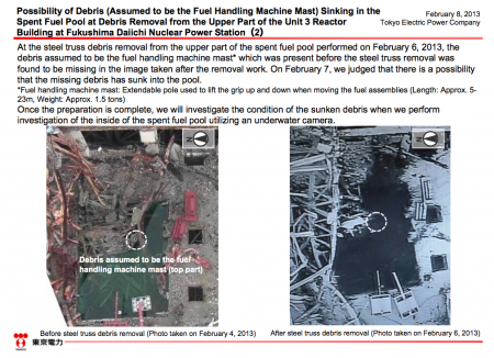 Tepco dropped the fuel handling machine mast to SFP of reactor3 when removing the debris