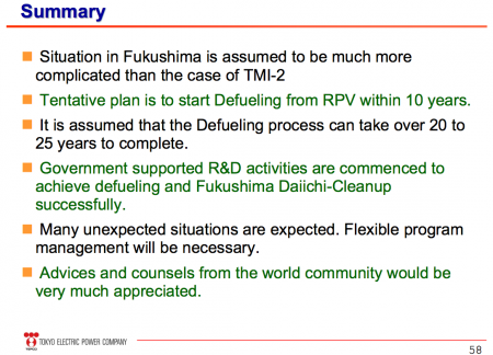 8 Tepco "Molten fuel may be in various parts of reactor, takes up to 35 years to remove, international help is needed"