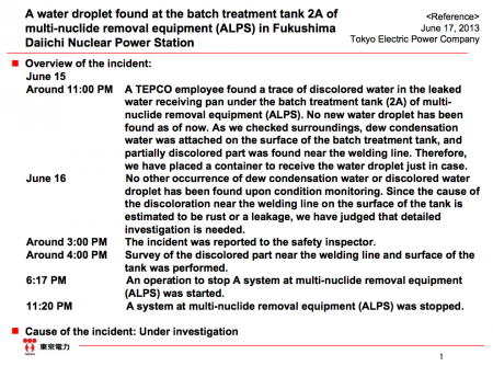 Tepco found 2 "pinholes" on multiple nuclide removing system ALPS